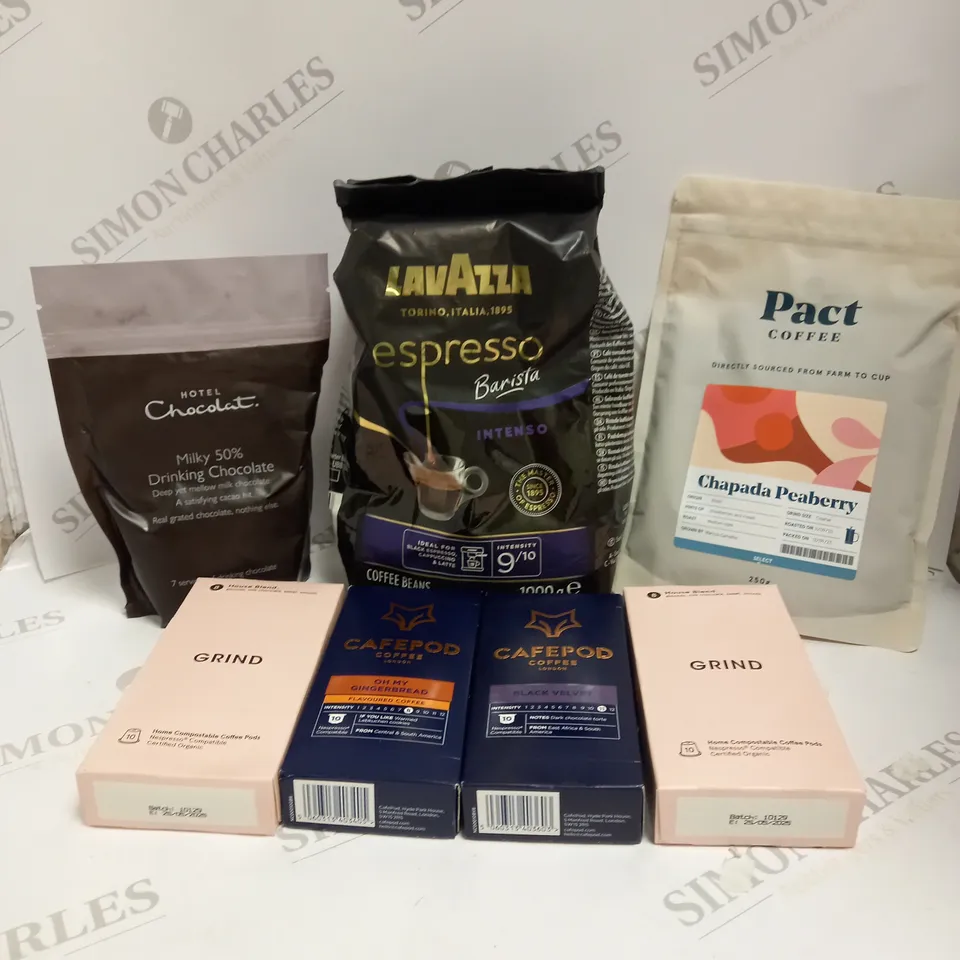APPROXIMATELY 15 ASSORTED FOOD PRODUCTS TO INCLUDE LAVAZZA ESPRESSO COFFEE, DRINKING CHOCOLATE, SAFFRON ETC