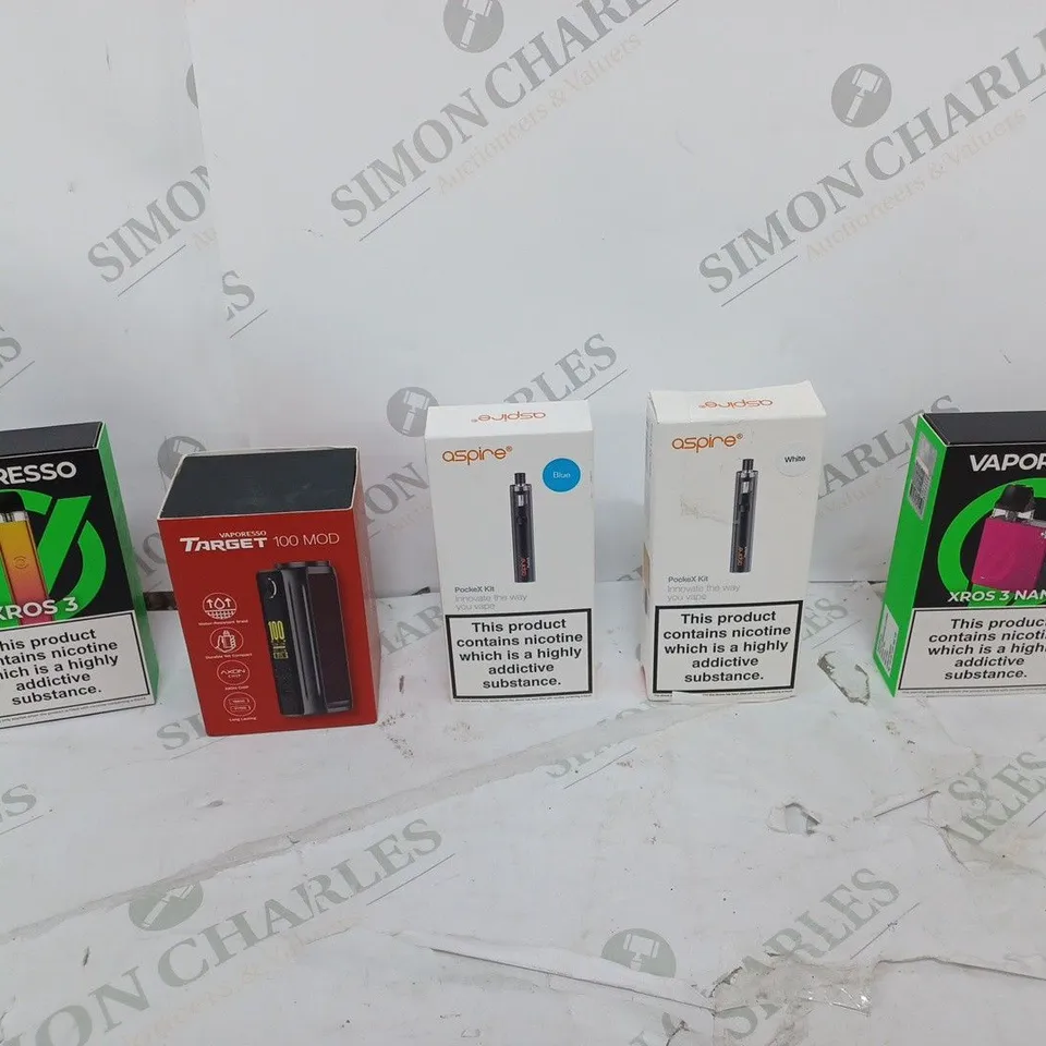 APPROXIMATELY 10 BOXED E-CIGARETTES TO INCLUDE VOOPOO VINCI 3, GEEKVAPE WENAX H1, AND VAPORESSO ZROS 3 NANO ETC. 