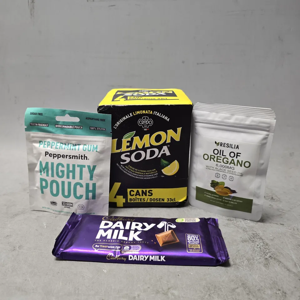 APPROXIMATELY 10 ASSORTED FOOD & DRINK ITEMS TO INCLUDE -  LEMON SODA , CADBURY DAIRY MILK , RESILIA OIL OF OREGANO ETC