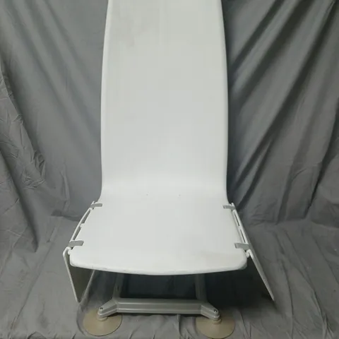WHITE PLASTIC CHAIR WITH INTEGRATED BACK AND METAL PEDESTAL BASE