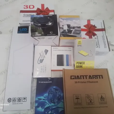 BOX CONTAINING LARGE AMOUNT OF BOXED ELECTRICAL ITEMS TO INCLUDE: POWER BANK, 3D PRINTING FILAMENT, LED DESK LIGHT ETC.