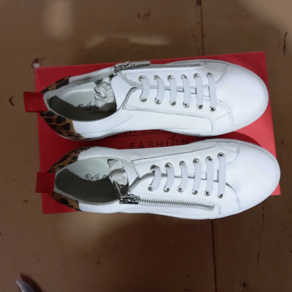 BOXED RUTH LANGSFORD TRAINER WITH ZIP DETAIL, WHITE LEOPARD, UK 5