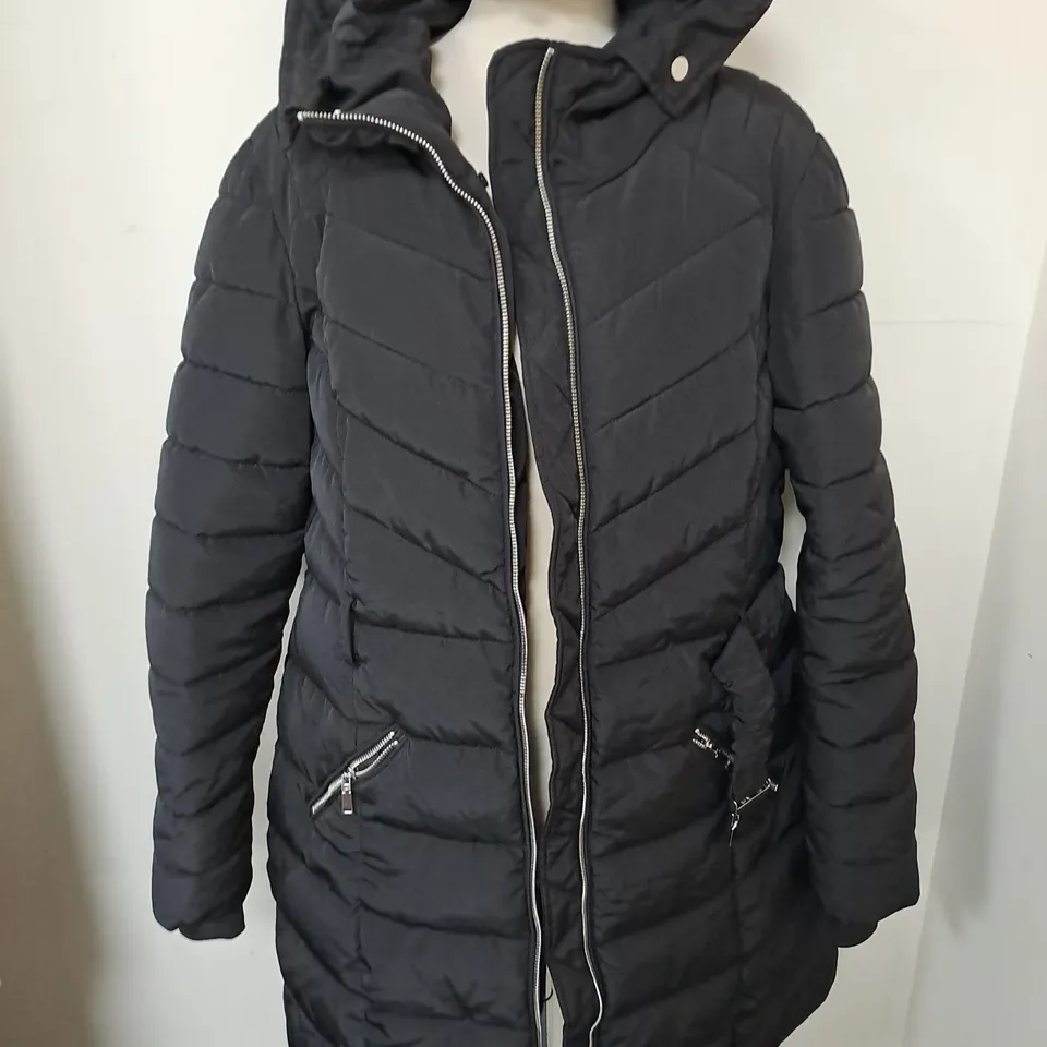F&D BLACK HOODED COAT - UK 16