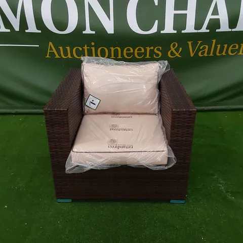 DESIGNER ASCOT CHOCOLATE MIX RATTAN ARMCHAIR WITH CUSHIONS AND PROTECTIVE COVER