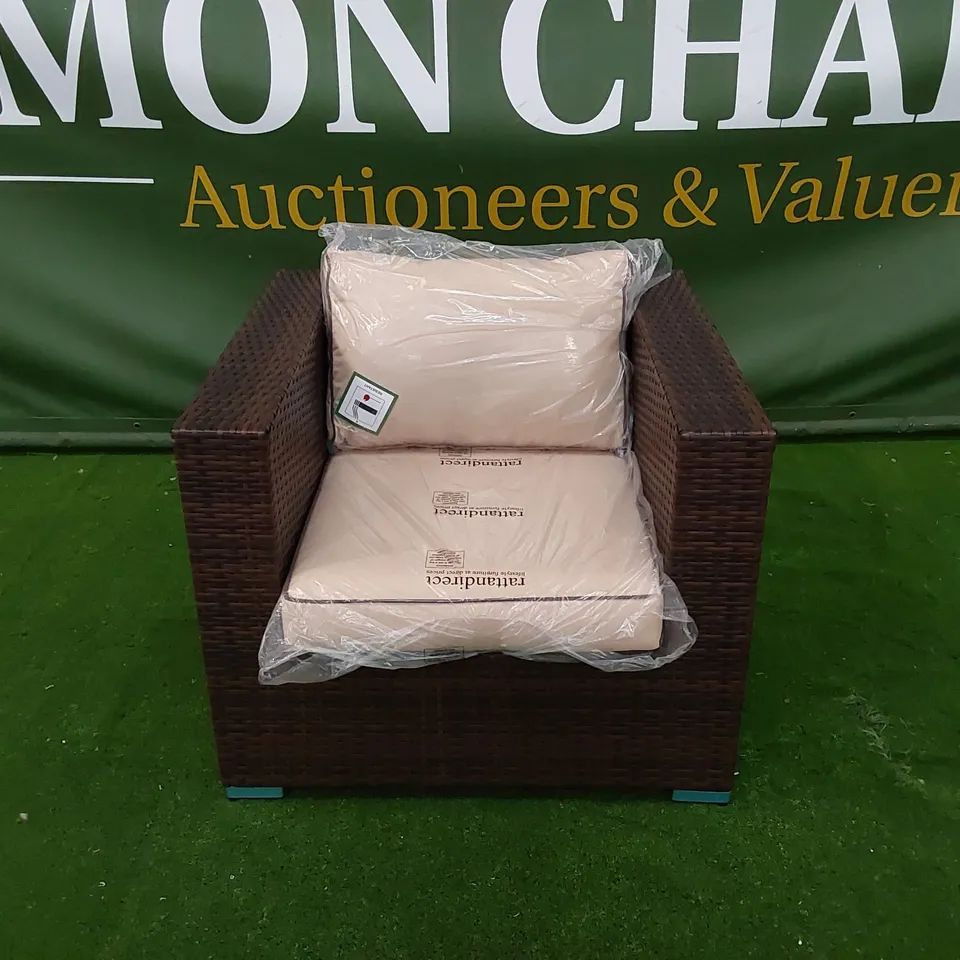 DESIGNER ASCOT CHOCOLATE MIX RATTAN ARMCHAIR WITH CUSHIONS AND PROTECTIVE COVER