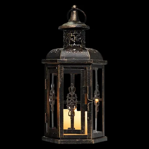 BOXED 25CM VINTAGE STYLE DECORATIVE LANTERNS (BLACK WITH GOLD BRUSH) (1 BOX)