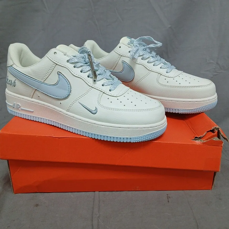 BOXED PAIR OF NIKE AIR FORCE 1 CUSTOM KEEP FRESH SHOES IN OFF WHITE/LIGHT BLUE SIZE UK 8.5