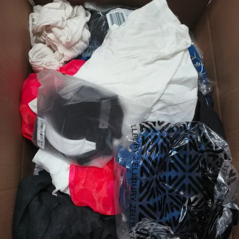 LARGE BOX OF APPROXIMATELY 25 ASSORTED CLOTHING ITEMS IN VARIOUS COLOURS, STYLES AND SIZES - COLLECTION ONLY