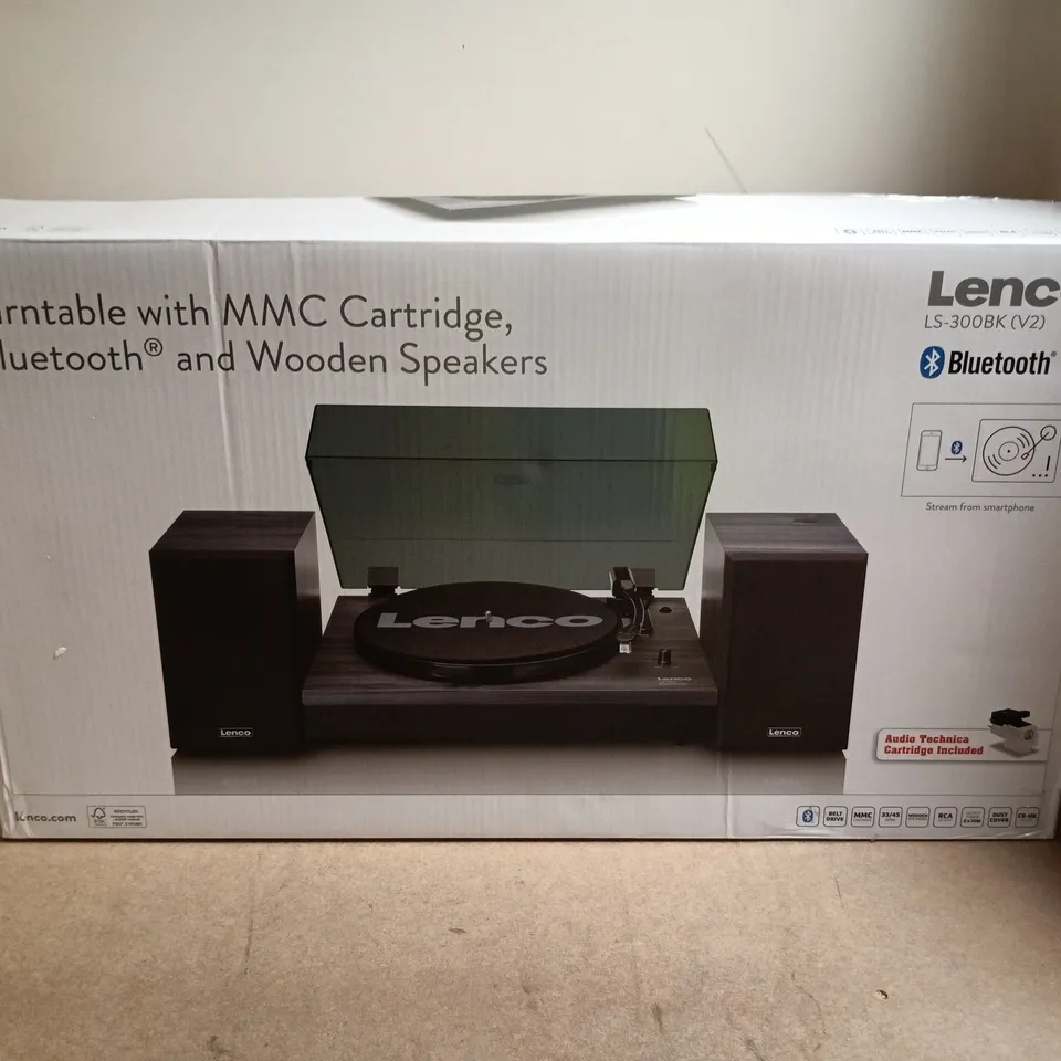 LENCO LS-300BK TURNTABLE WITH BLUETOOTH & WOODEN SPEAKERS – BOXED
