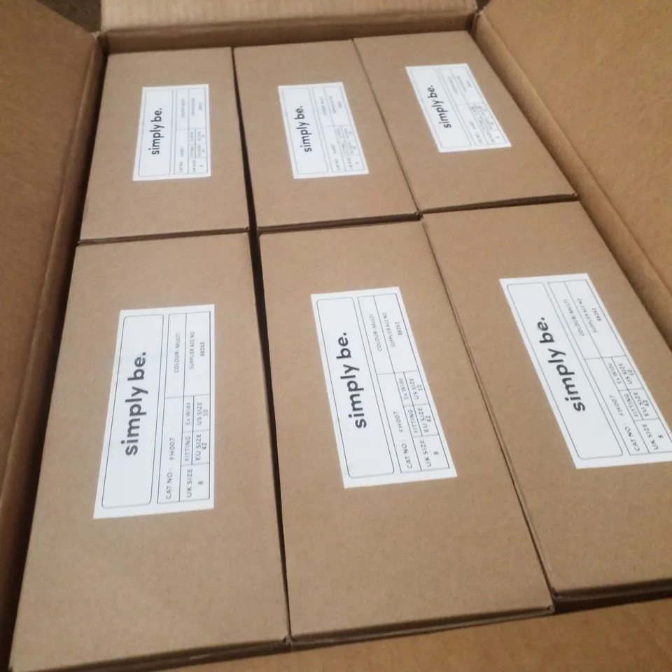 BOX CONTAINING APPROXIMATELY 6 BRAND NEW PAIRS OF SIMPLY BE MULTI PLATFORM HEEL EX WIDE - SIZE 8