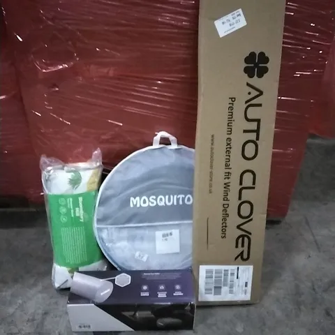 PALLET OF HOUSEHOLD ITEMS TO INCLUDE DINOSAUR WORLD NAP MAT, MOSQUITO NET, PREMIUM EXTERNAL FIT WIND DEFLECTORS, KAYMAN FOAM ROLLER AND OTHER ASSORTED ITEMS...