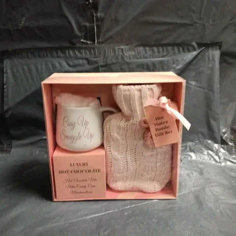 PINK HOT WATER BOTTLE GIFT SET WITH KNITTED COVER AND MUG