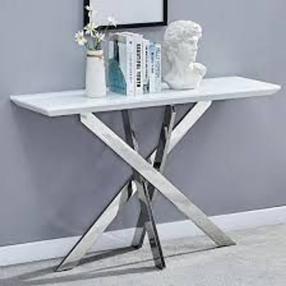 BOXED PETRA WHITE HIGH GLOSS CONSOLE TABLE WITH SUPER WHITE GLASS TOP (2 BOXES)
