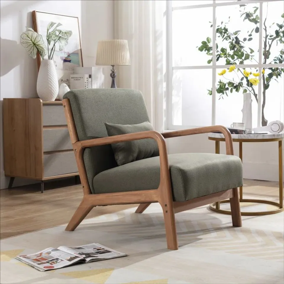 BOXED 66CM MODERN SOLID WOOD FRAME UPHOLSTERED ACCENT CHAIR WITH LUMBAR SUPPORT PILLOW 