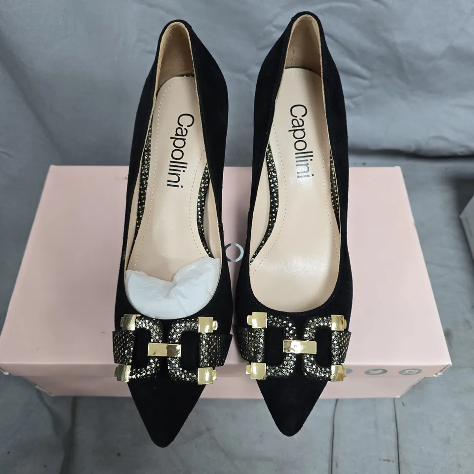 CAPOLLINI BLACK SUEDE HIGH HEELS WITH GOLD BUCKLE EMBELLISHMENT – UK 3.5 (EU 36)