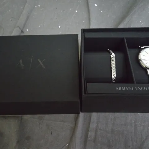 ARMANI EXCHANGE MENS THREE HAND STAINLESS STEEL WATCH AND BRACELET 