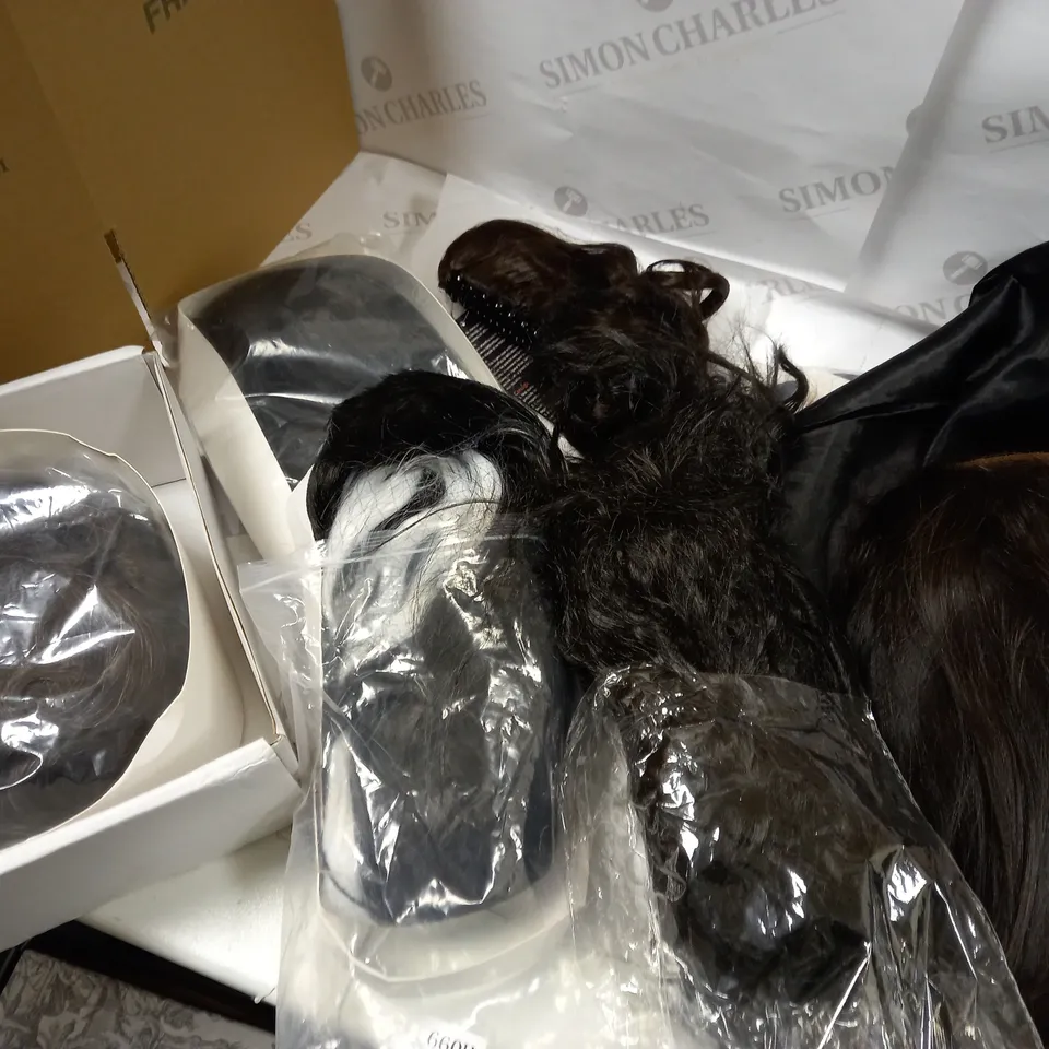 ASSORTMENT OF EBONY/DARK BROWN WIGS AND HAIR PIECES APPROX. 15 ITEMS 