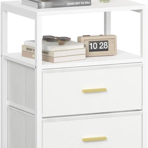 BOXED HZUANERI BEDSIDE TABLE WITH 2 FABRIC STORAGE DRAWERS, WHITE