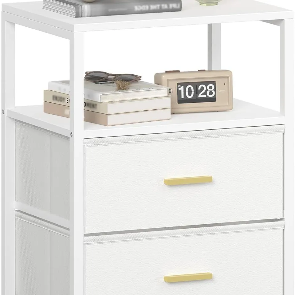 BOXED HZUANERI BEDSIDE TABLE WITH 2 FABRIC STORAGE DRAWERS, WHITE