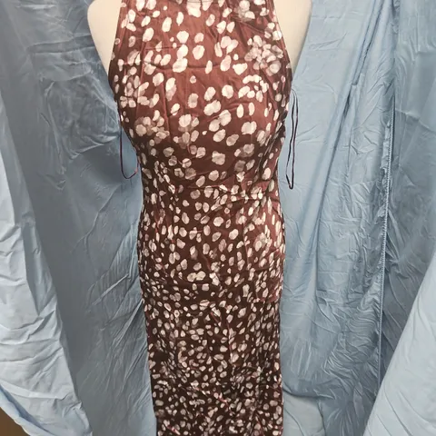 NOBODY'S CHILD PETITE ZAHARA MIDAXI DRESS – BROWN SPOT PRINT, UK 10 (EU 38, US 6) – MADE IN VIETNAM