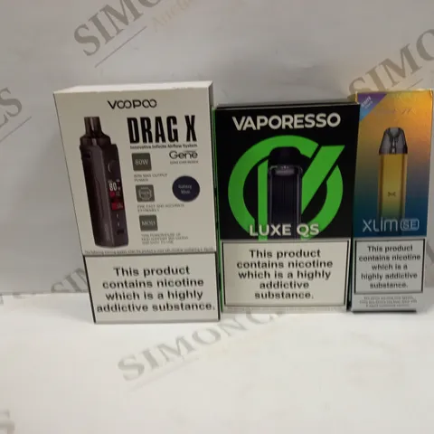BOX OF APPROXMATELY 30 E-CIGARETTES AND LIQUIDS TO INCLUDE OXVA XLIM SE, VAPORESSO LUXE QS, VOOPOO DRAG X, ETC