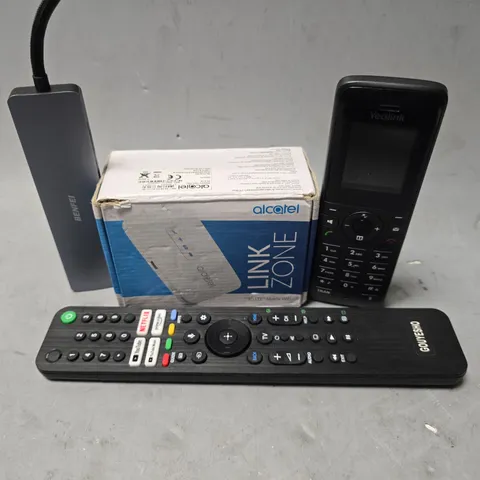 APPROXIMATELY 6 ASSORTED ITEMS TO INCLUDE - GOUYESHO REMOTE , YEALINK PHONE , ALCATEL LINK ZONE 4G LTE ETC