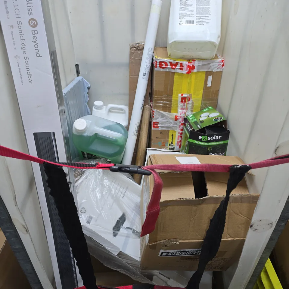 LARGE QUANTITY OF ASSORTED LARGE HOUSEHOLD ITEMS TO INCLUDE SOUNDBAR, CAR WINDSCREEN WASH, SHARK HOOVER, ETC - COLLECTION ONLY