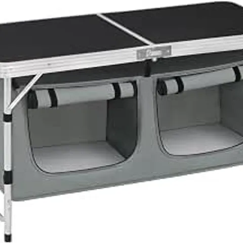 BOXED WOLTU FOLDING CAMPING CUPBOARD KITCHEN, HEIGHT ADJUSTABLE, BLACK AND GREY