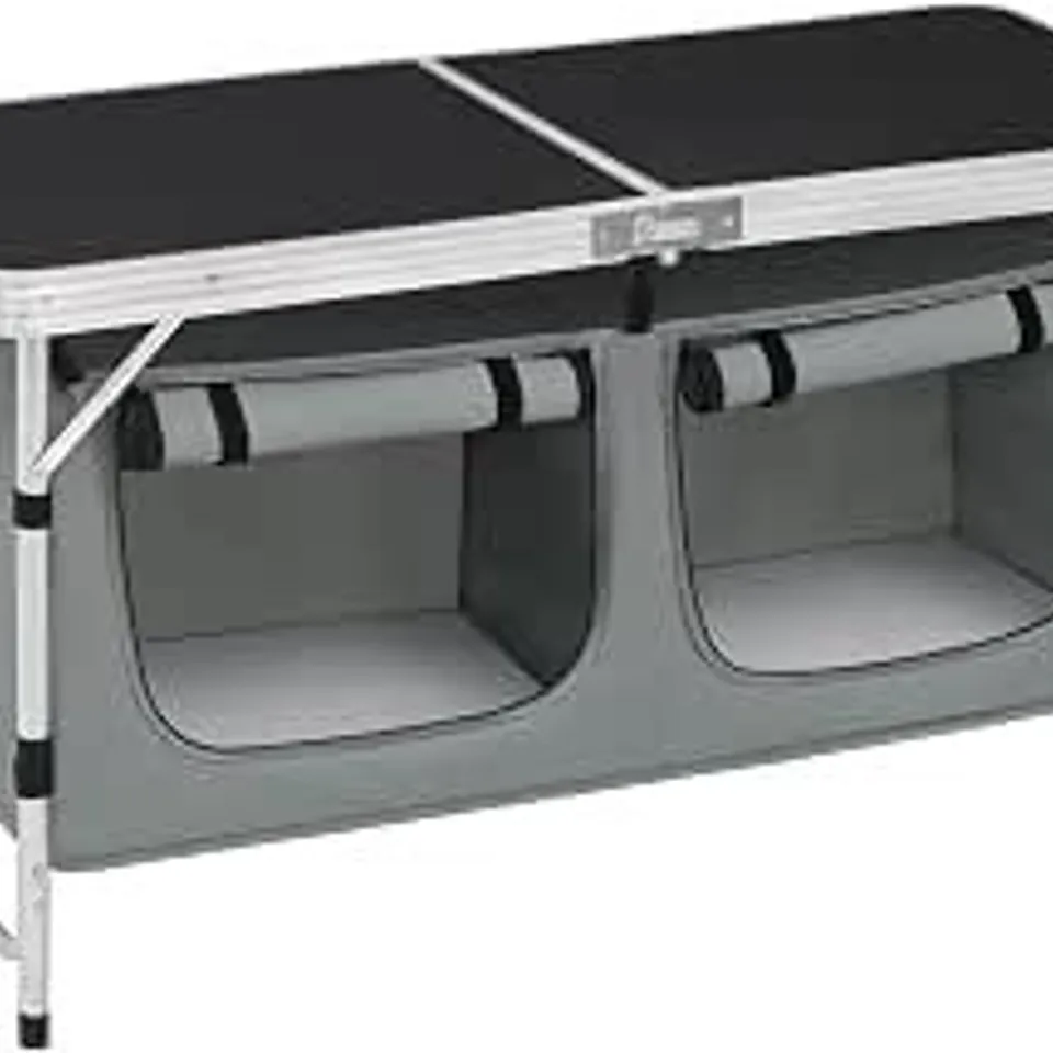 BOXED WOLTU FOLDING CAMPING CUPBOARD KITCHEN, HEIGHT ADJUSTABLE, BLACK AND GREY