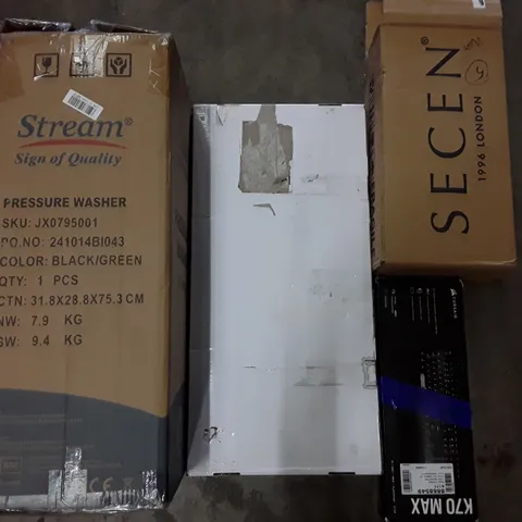 PALLET TO CONTAIN AN ASSORTMENT OF HOUSEHOLD ITEMS TO INCLUDE PRESSURE WASHER, SHELVES, SHOWER KIT AND WIRELESS KEYBOARDS ECT