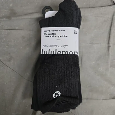 LULULEMON DAILY ESSENTIAL SOCKS – UNISEX, 3 PAIRS, SIZE XL