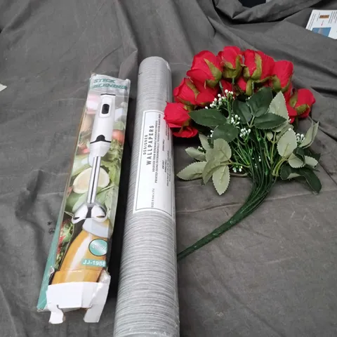 BOX OF APPROXIMATELY 15 ASSORTED HOUSEHOLD ITEMS TO INCLUDE FAUX ROSE ARRANGEMENT, STICK HAND BLENDER AND WALLPAPER