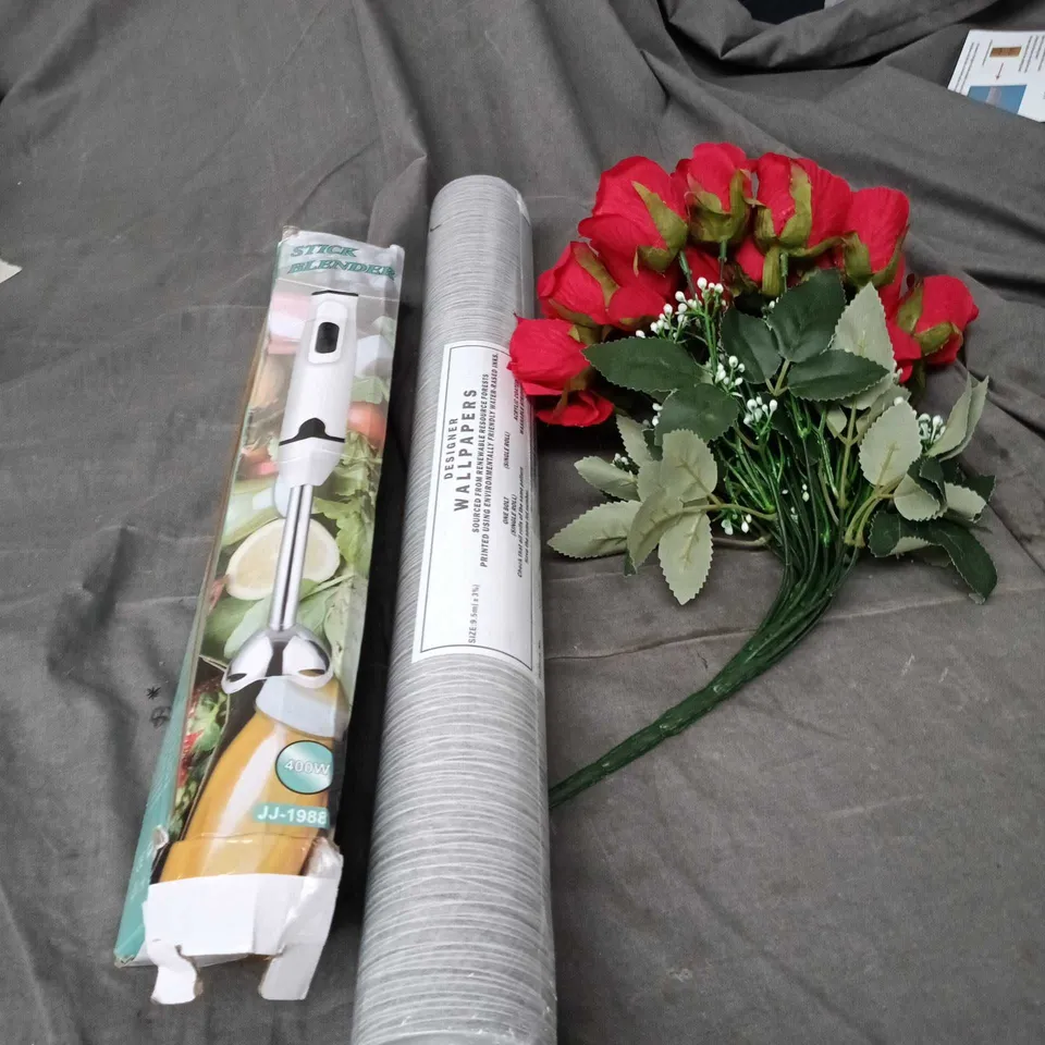 BOX OF APPROXIMATELY 15 ASSORTED HOUSEHOLD ITEMS TO INCLUDE FAUX ROSE ARRANGEMENT, STICK HAND BLENDER AND WALLPAPER