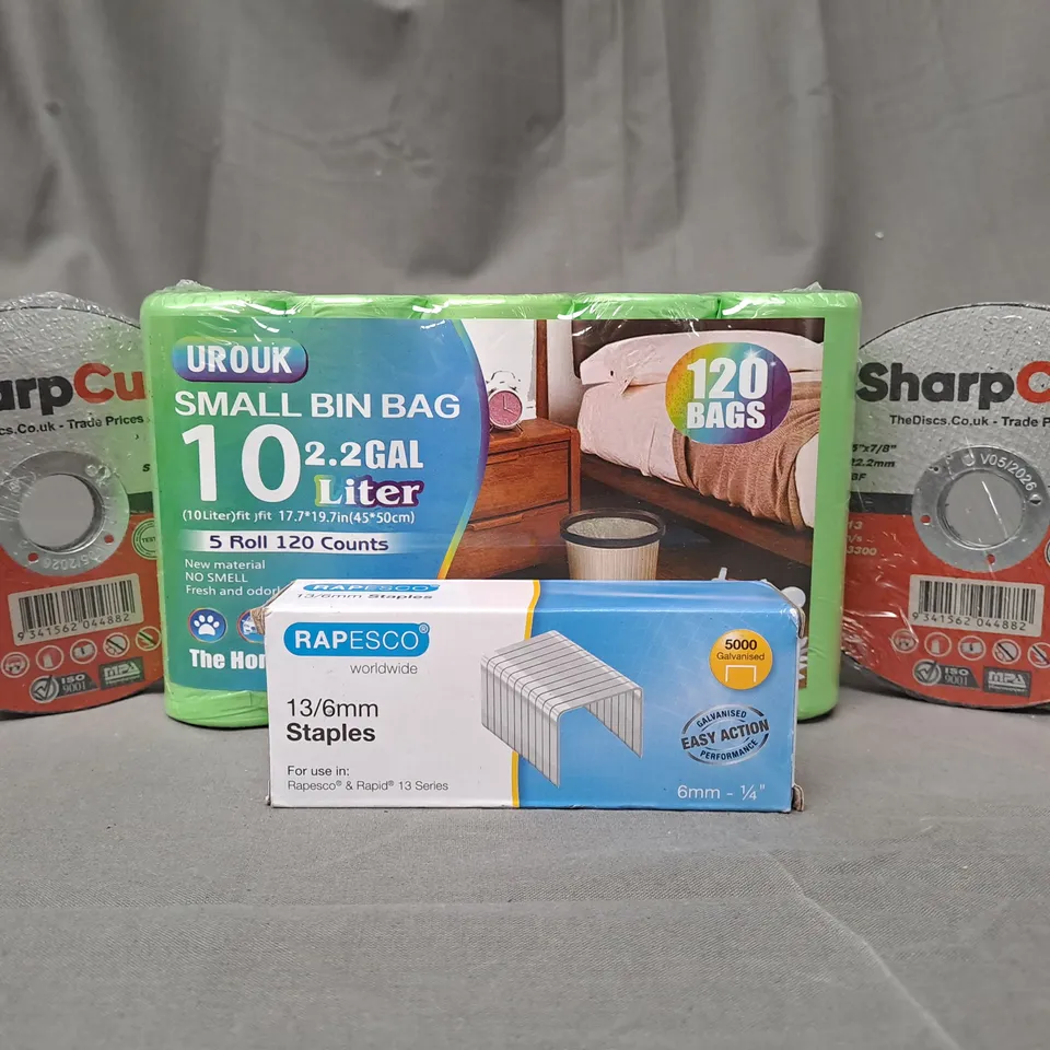 APPROXIMATELY 10 ASSORTED HOUSEHOLD ITEMS TO INCLUDE SHARP CUT CUTTING DISCS, RAPESCO STAPLES, BINBAGS, ETC