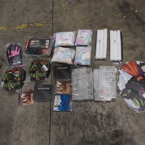 PALLET TO CONTAIN ASSORTED HOUSEHOLD ITEMS AND CONSUMER PRODUCTS. INCLUDING GLOVES, DIY SALON NAILS, DRAUGHT EXCLUDER, MUSIC CDS, HALLOWEEN MASKS, UNICORN HOT WATER BOTTLES ETC