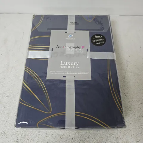MOONSTAR AUTOBIOGRAPHY LUXURY PRINTED BED LINEN DOUBLE COMPLETE SET IN NAVY