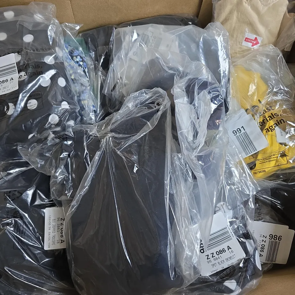 APPROXIMATELY 20 ASSORTED CLOTHING ITEMS IN VARIOUS SIZES, STYLES & SIZES TO INCLUDE BLACK DRESS, COTTON ELASTIC TROUSERS, OCHRE FRILL BLOUSE, ETC - COLLECTION ONLY
