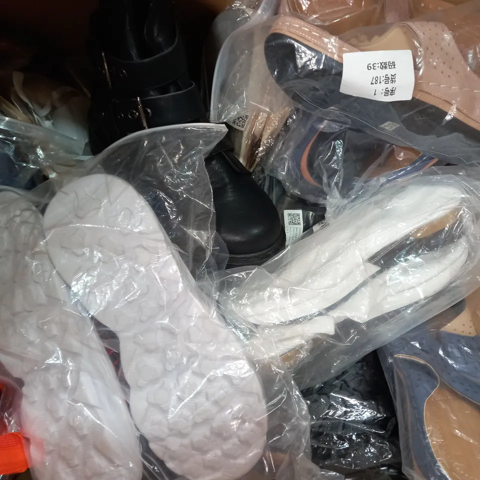 BOX OF APPROXIMATELY 20 ASSORTED PAIRS OF SHOES IN VARIOUS STYLES AND SIZES TO INCLULDE QUPID, FAT FACE, ETC