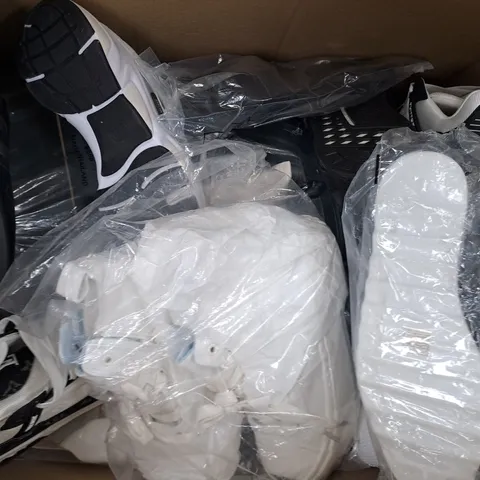 BOX OF APPROXIMATELY 15 ASSORTED PAIRS OF SHOES AND FOOTWEAR ITEMS IN VARIOUS COLOURS, STYLES, AND SIZES - COLLECTION ONLY