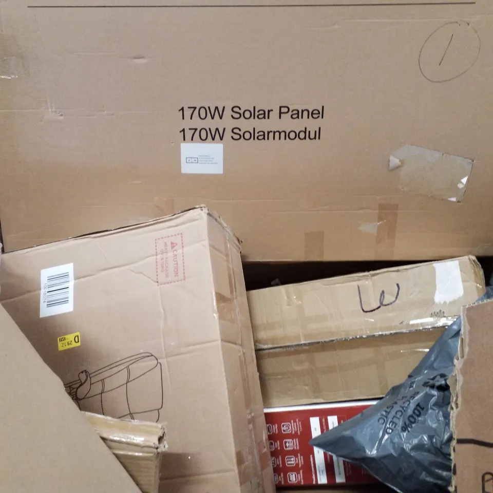 PALLET CONTAINING ASSORTED PRODUCTS INCLUDING 170W SOLAR PANELS, DUO ELECTRIC SMOKELESS GRILL & HOTPOT, 21" ORGANIZED TOOL BOX & GLASS TOP WARMING TRAY
