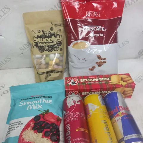 BOX OF APPROXIMATELY 10 ASSORTED COSMETIC ITEMS TO INCLUDE - NESCAFE ALGERIA, RED BULL, SMOOTHIE MIX ETX