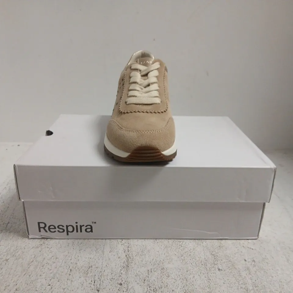 BOXED PAIR OF GEOX TRAINERS IN SAND/GOLD SIZE UK 6