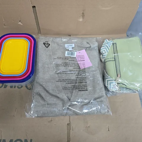 LARGE QUANTITY OF ASSORTED ITEMS TO INCLUDE HANDBAGS, KNITTED ESPRIT CARDIGAN, TUPPERWARE SET, ETC - COLLECTION ONLY