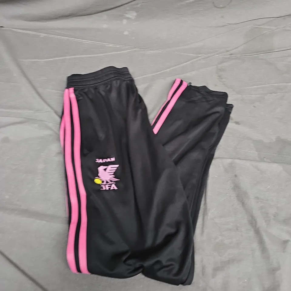 ADIDAS BLACK TRACK PANTS WITH PINK SIDE STRIPES AND JFA CREST - UK XL