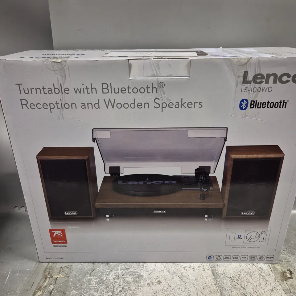 BOXED LENCO LS-100WD BELT DRIVE TURNTABLE WITH WOODEN SPEAKERS