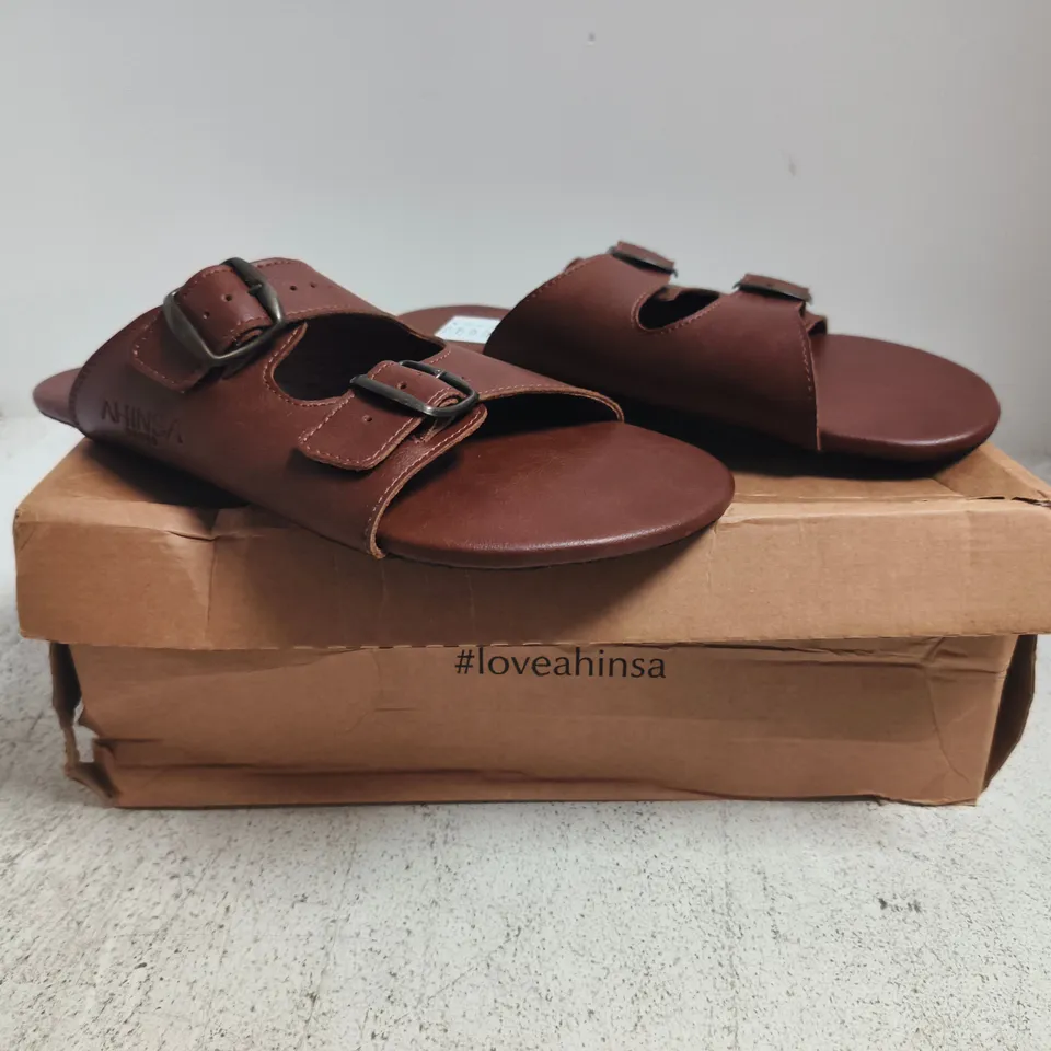 BOXED PAIR OF AHINSA OPEN TOE FLAT SANDALS IN CHOCOLATE SIZE EU 39