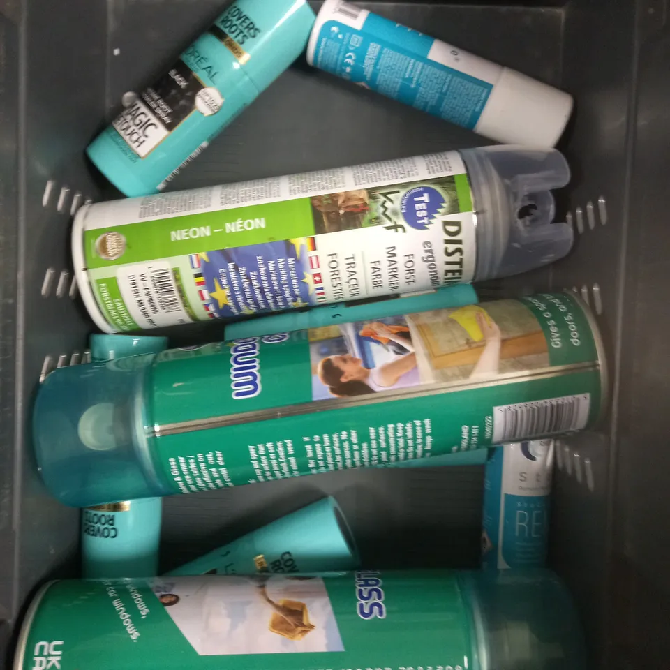 BOX OF APPROX 15 ASSORTED AEROSOLS TO INCLUDE CORROSION BLOCK, WINDOW CLEANER, L'OREAL BLACK MAGIC RETOUCH ETC - COLLECTION ONLY 