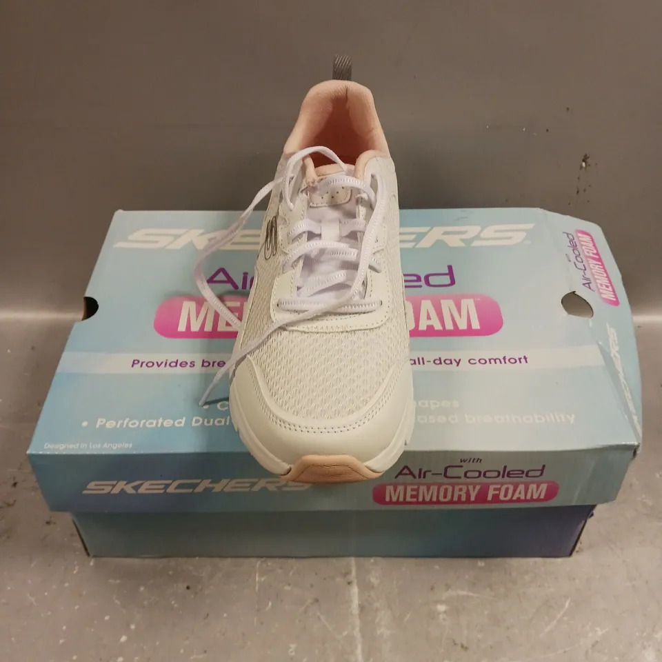 BOXED PAIR OF SKECHERS MEMORY FOAM WHITE TRAINERS - 6