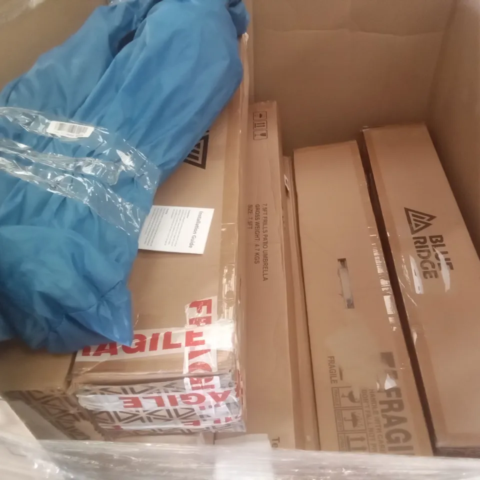 PALLET OF ASSORTED ITEMS INCLUDING GARCARE CORDED POLE HEDGE TRIMMER, SUITCASE, WASHING LINE, SHOWER UNIT, SHELVING UNIT   