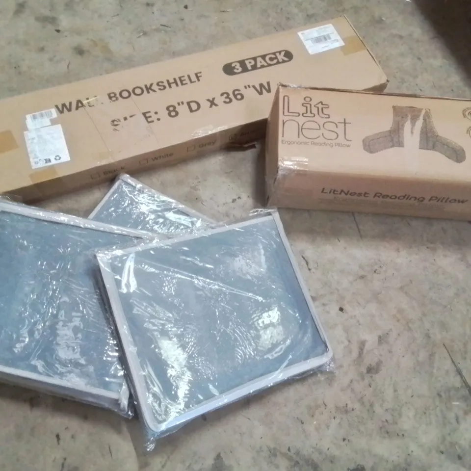 PALLET OF ASSORTED HOUSEHOLD GOODS AND PRODUCTS TO INCLUDE;WALL BOOKSHELF, ERGONOMIC READING PILLOW,SHOE STORAGE BOXES AND OTHER ASSORTED ITEMS...